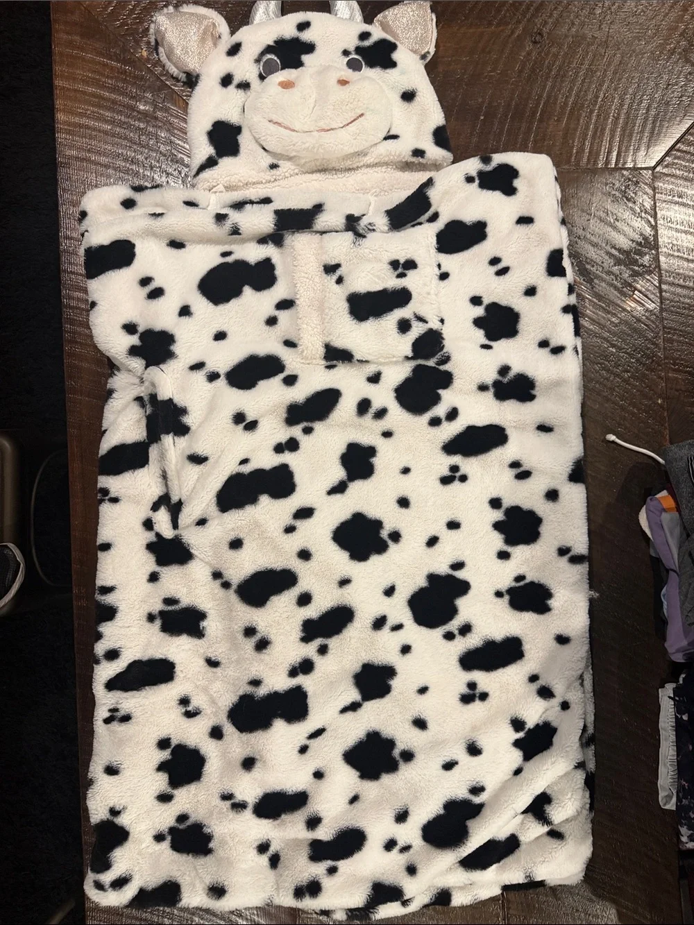 Kids Cow Print Hooded Pajama Blanket - Black & White